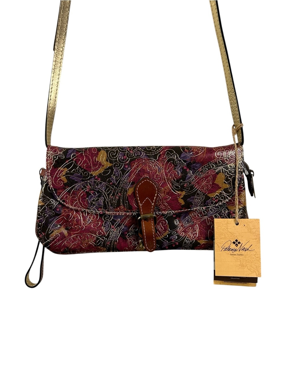 Patricia Nash Burgundy Floral Embossed Leather Crossbody with Gold Strap